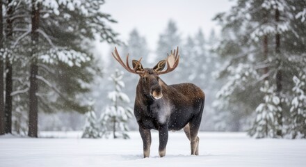 Majestic Moose Standing Proudly in a Snowy Winter Forest Landscape.
