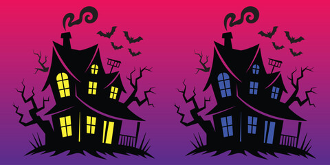 Duo of Cartoon Haunted House Silhouettes with Yellow and Blue Windows, Bats, and Spooky Trees on Gradient Background