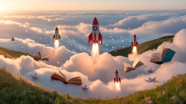 Magical Sky of Flying Rockets And Open Books, Dreamy Education And Innovation Concept, Perfect for Learning, Startup or Motivational Design. - Powered by Adobe