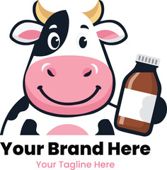 Smiling Cow Mascot Holding Brown Bottle with Copy Space for Dairy Branding