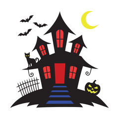 Haunted House Silhouette with Black Cat, Jack O'Lantern, Bats, and Crescent Moon