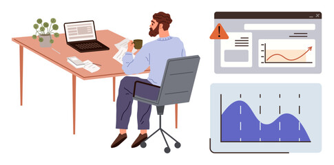 Person reviewing printed documents at desk with laptop, graphs, and warning alert in browser. Ideal for analytics, strategy, data analysis, productivity, planning, decision-making organization