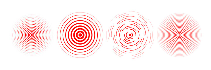 Red radial concentric circle set. Rippled, dashed and dotted rings pack for epicenter, target, radar, earthquake shockwave. Sound wave signal collection. Vector expansive vibration elements