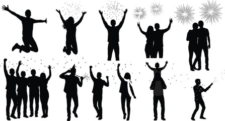 Celebration silhouettes, party people, festive poses, jumping joy, sparkler fun, confetti blast, happy crowd, New Year, holiday event, black figures