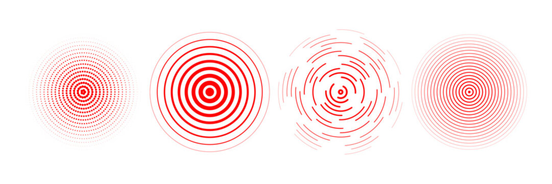 Red radial concentric circle set. Rippled, dashed and dotted rings pack for epicenter, target, radar, earthquake shockwave. Sound wave signal collection. Vector expansive vibration elements