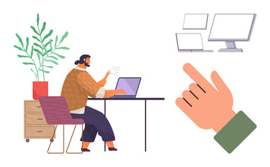 Woman working at desk, laptop and plant, interacting with technology. Ideal for productivity, remote work, focus, multitasking, digital creativity, office culture simple flat metaphor