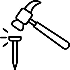 Line art vector of hammer pushing a nail. Outline of Hammer hitting a nail squarely on the head. Icon of Nail Hammered. Claw Hammer striking a nail with force and motion impact lines. 