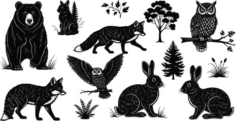 Forest animals illustration, bear, fox, rabbit, owl, squirrel, trees, nature, wildlife, black and white, woodland, vintage, sketch, drawing, hand drawn, forest scen