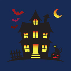Haunted House with Black Cat, Pumpkin, and Bats – Halloween Night Scene on Dark Blue Background