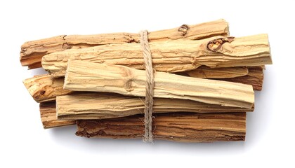 A collection of bundled, light brown wooden sticks tied with twine against a bright white background.