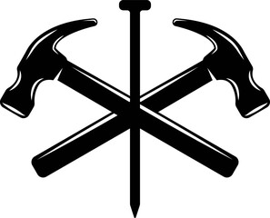 Silhouette of Cross hammer and nail. Solid black Two crossed claw hammers and a nail. Simple black icon of crossed hammer and nail represents construction tools and diy projects.  