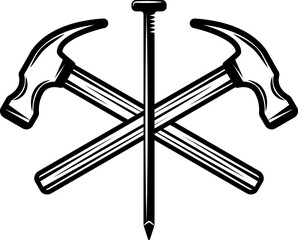 Cross hammer and nail. Two crossed claw hammers and a nail isolated on transparent background, tools for construction. 