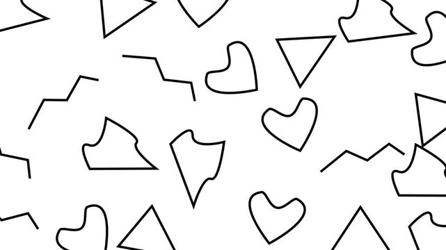 Abstract black line drawings of triangles and hearts in a random scatter pattern suitable for modern design elements and backgrounds.