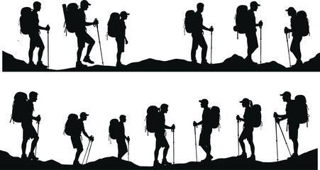 Hiking silhouettes, mountain trekking, outdoor adventure, backpackers walking, nature exploration, rugged terrain, forest hike, travel fitness, wilderness journey, scenic trail