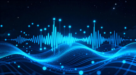 Blue digital sound waves and connected dots representing advanced technology and data communication concepts.