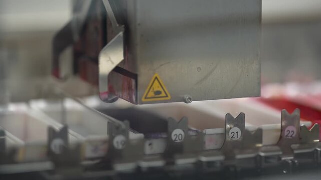 An automated slide stainer processes a batch of numbered histology slides, moving them through a sequence of reagents to prepare tissue samples for microscopic pathological examination.