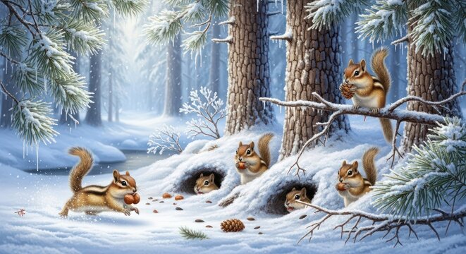 Whimsical Winter Forest Scene - Chipmunks Emerge from Snowy Burrows, Gathering Nuts Amidst Pine Trees.