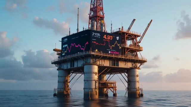 Oil rig with digital display showing oil price graph. 4k video