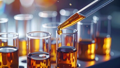 Amber liquid being dispensed into test tubes in a scientific research setting.