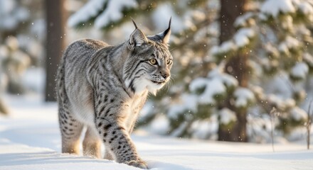 Fototapeta premium Majestic Lynx Strolling Through a Snow-Covered Winter Forest, Focused Gaze.
