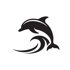 Black and White Dolphin Jumping Over Ocean Wave Logo Silhouette