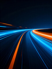 A long exposure photo showing vibrant blue and orange light trails on a road at night, capturing motion and speed.
