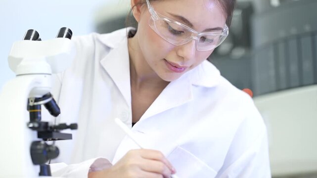 A female scientist in a white coat and safety glasses writes notes. She is working near a microscope in a clean, modern laboratory.