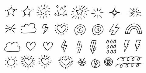 Collection of hand drawn doodle icons including stars hearts clouds lightning bolts sun rainbow snowflake and swirls