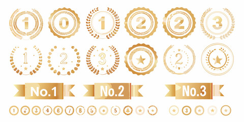 Collection of golden award badges and ribbons featuring numbers one two and three for recognition and achievement