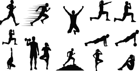 Fitness, workout, exercise, training, yoga, strength, cardio, silhouette, athlete, gym, health, active, motion, pose, balance, flexibility, endurance, bodyweight, wellness, lifestyle