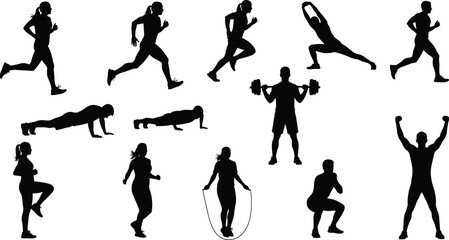 Fitness, workout, exercise, running, push-up, squat, stretching, barbell, jump rope, high knees, gym, training, silhouette, active, cardio, strength, healthy lifestyle, sports, physical activit