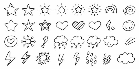 Fototapeta premium Collection of hand drawn doodle icons including stars hearts clouds lightning bolts and weather symbols