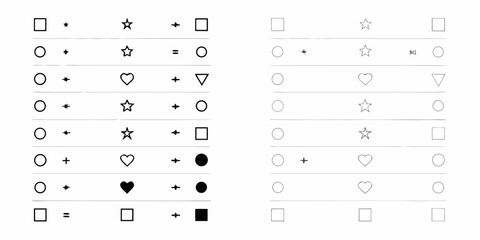 Abstract geometric shapes and symbols arranged in rows with mathematical operators and variations