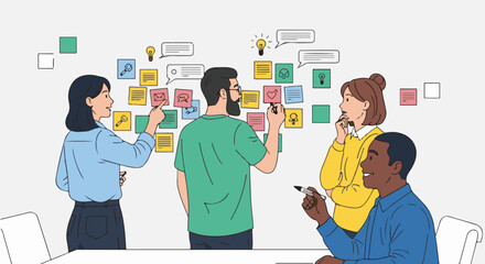 Vector Illustration of Diverse Team Brainstorming Ideas with Colorful Sticky Notes