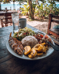 Tropical Caribbean Lunch with Fried Fish, Rice, and Grilled Plantains