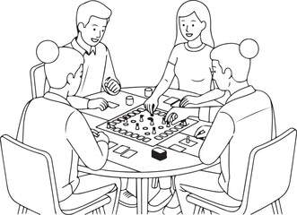 Line Art Illustration of Four People Playing a Board Game