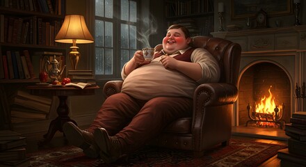 Obraz premium Happy Young Man Sitting in Cozy Living Room Near Fireplace Enjoying Hot Beverage