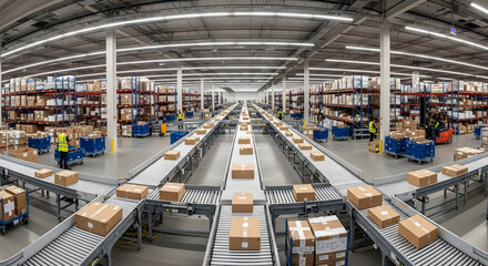 Fototapeta premium Warehouse Order Fulfillment: Conveyor belts weave through a massive warehouse, efficiently transporting packages amidst towering shelves. The space bustles with activity.
