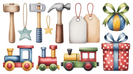 Fototapeta premium Toy Trains Hammers Gift Tags and Ornaments present.