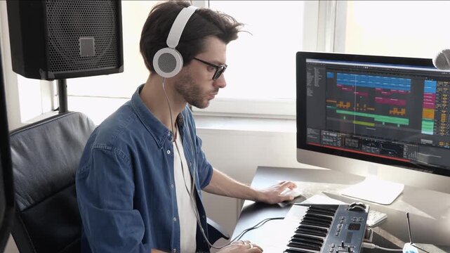 Young man in sound recording studio. Sit at mixing console and adjusting it. Listening to music through headphones and enjoy it.