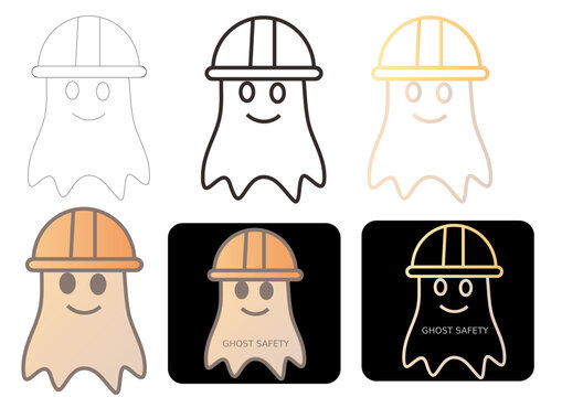 A versatile collection of cute ghost mascot icons wearing safety hard hats, perfect for construction or industrial branding logos