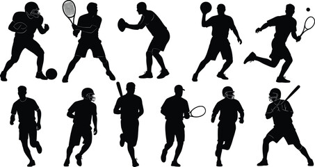 Silhouettes of athletes in action, sports movement illustration, dynamic poses, fitness concept, American football, tennis, baseball, basketball, running, vector art