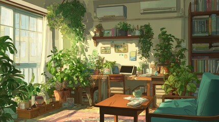 Obraz premium Interior scene of a sunlit, plant-filled room with a desk, bookshelf, and a comfortable chair