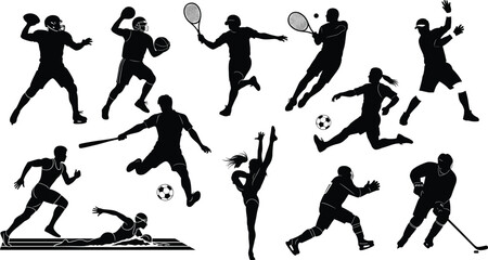Silhouettes of athletes in action, sports diversity, fitness motion, dynamic movement, team play, competitive energy, physical strength, outdoor and indoor activity