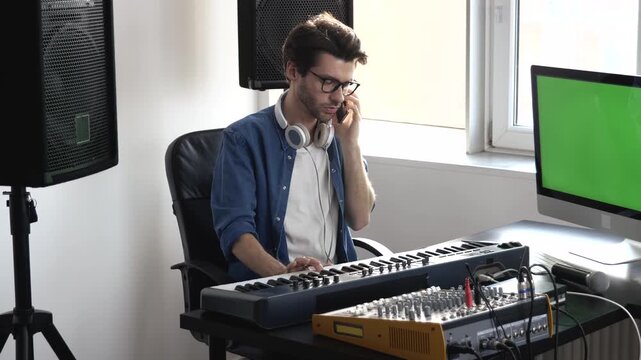 Young man in sound recording studio. Guy sit at keyboard and adjust sound console before record. Talking on phone. Green digital screen.