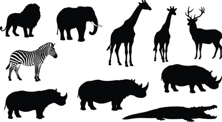 Wild animal silhouettes, African wildlife, lion, elephant, giraffe, zebra, rhino, crocodile, nature, safari, black shapes, isolated, vector, design, jungle, fauna, mammal, exotic,