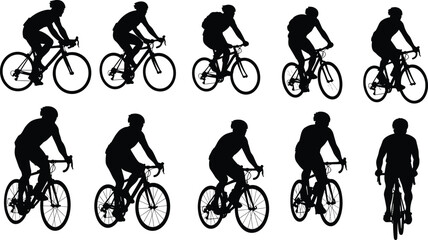 Obraz premium Cyclist silhouettes, road bike riders, urban commute, black and white, sports posture, backpack gear, fitness motion, minimal design, transportation concept
