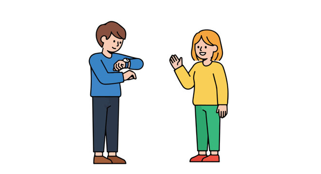 Cartoon depiction of a man checking his wristwatch while a woman waves in greeting or farewell conveying the concept of punctuality meeting or