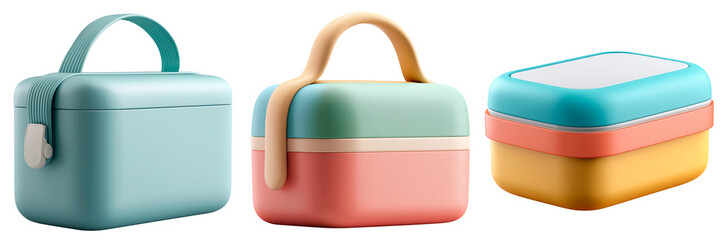 3d Rendered Set of Stylish Pastel Colored Lunch Boxes on Transparent Background