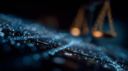 Balance in Law: A symbolic representation of justice, with a focus on the scales, symbolizing fairness and balance. The digital and techy design emphasizes the modern aspects of law and order.